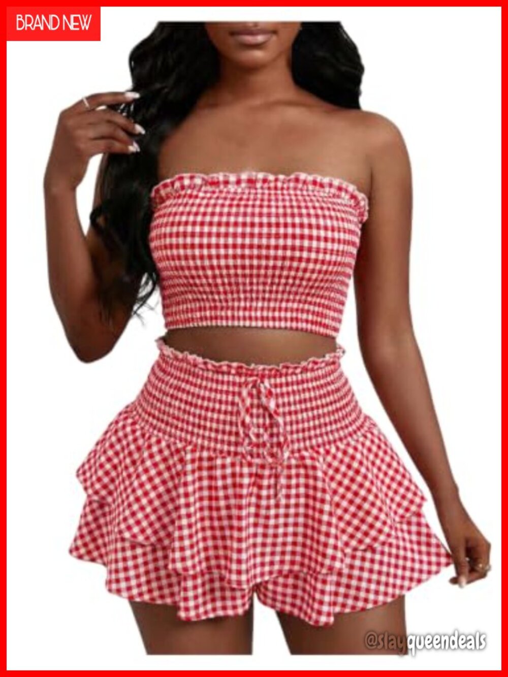 Milumia Women's 2 Piece Plaid Crop Tube Top and Ruffle Skirt Shorts Set